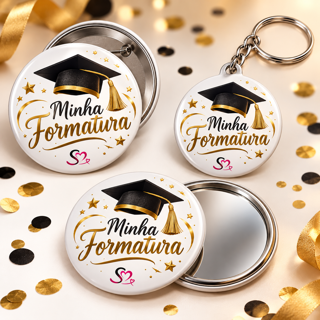 Coleção de formatura com bóton, chaveiro e espelho personalizados